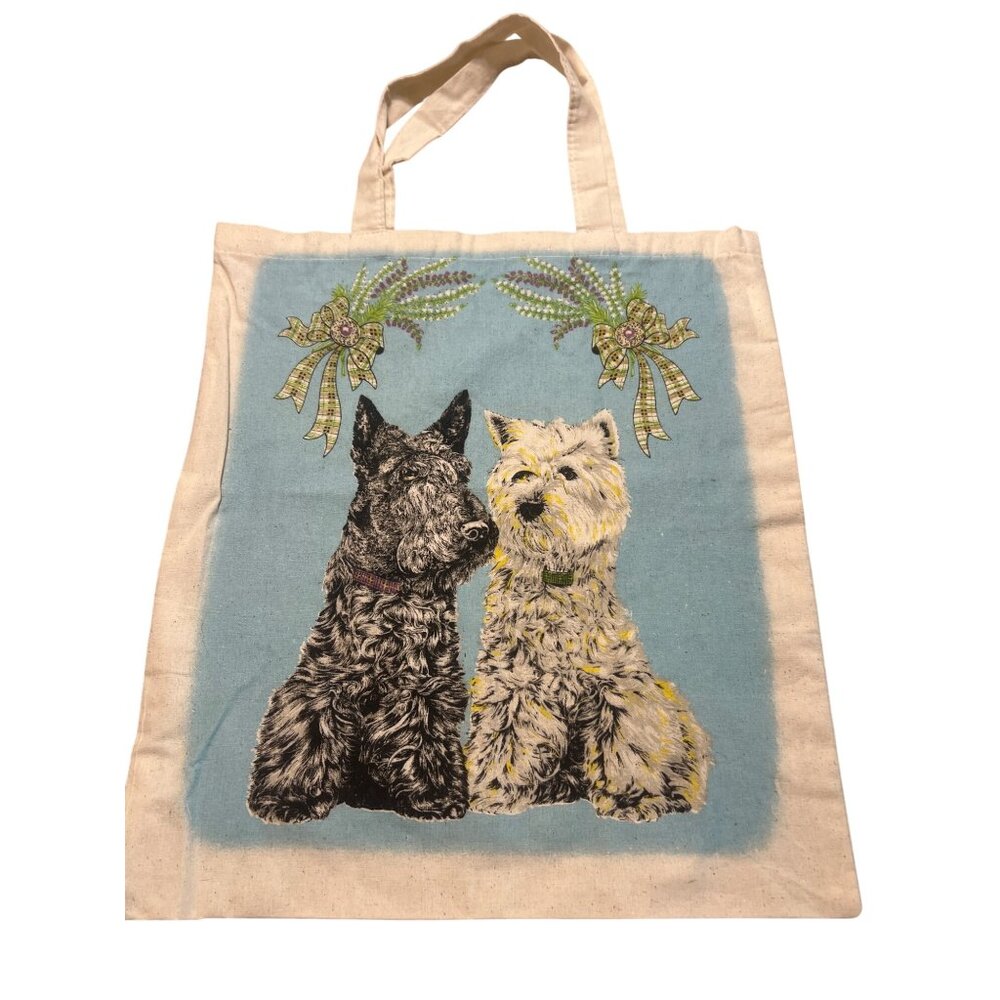 Scottish Dogs Canvas Tote Bag Double Handles Cotton Material Front Graphic NWT